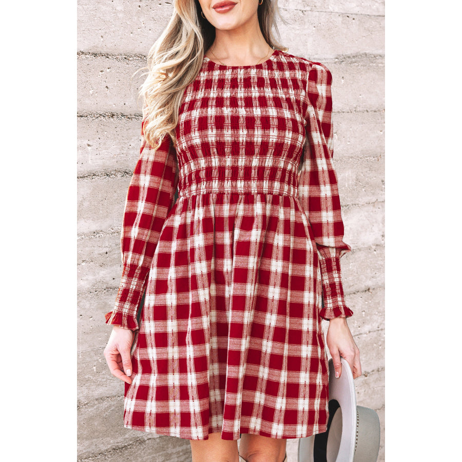 Red Plaid Print Smocked Puff Sleeve Mini Dress Dresses/Mini Dresses