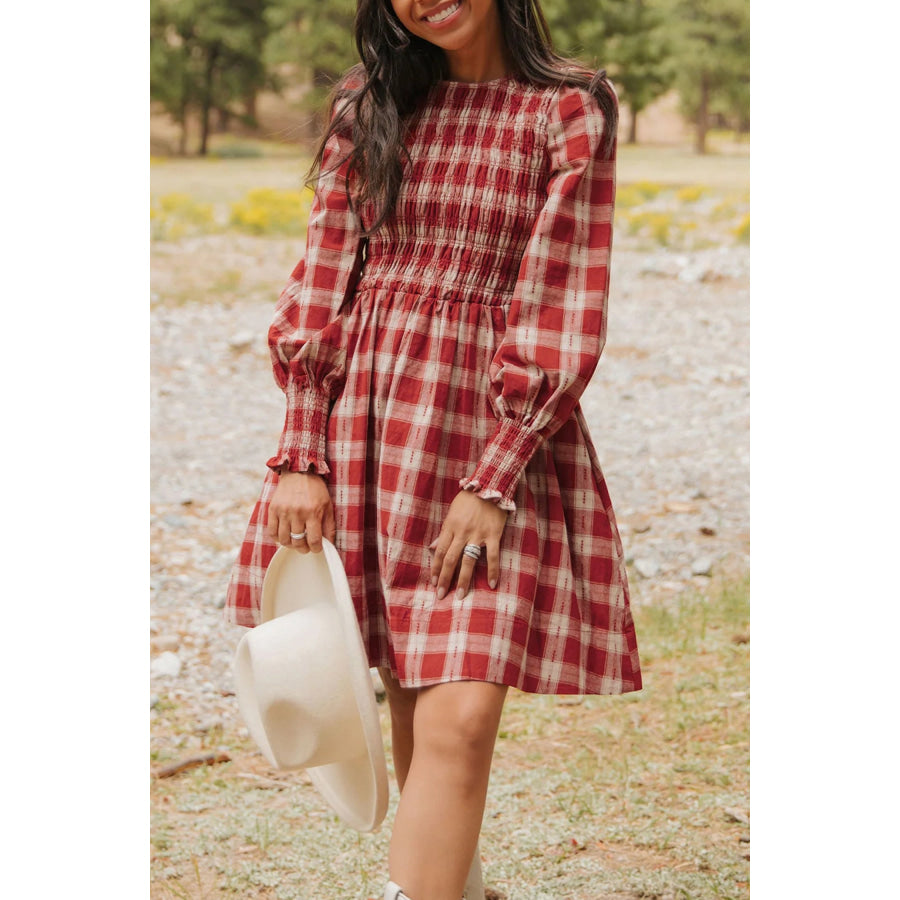 Red Plaid Print Smocked Puff Sleeve Mini Dress Dresses/Mini Dresses