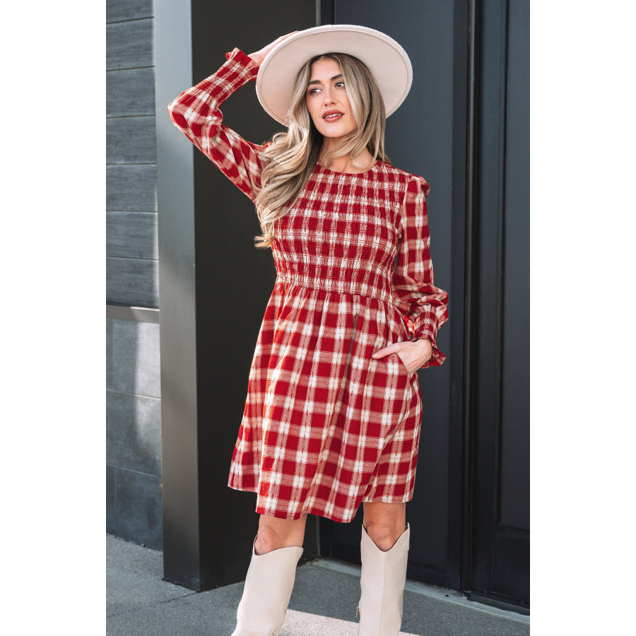 Red Plaid Print Smocked Puff Sleeve Mini Dress Dresses/Mini Dresses