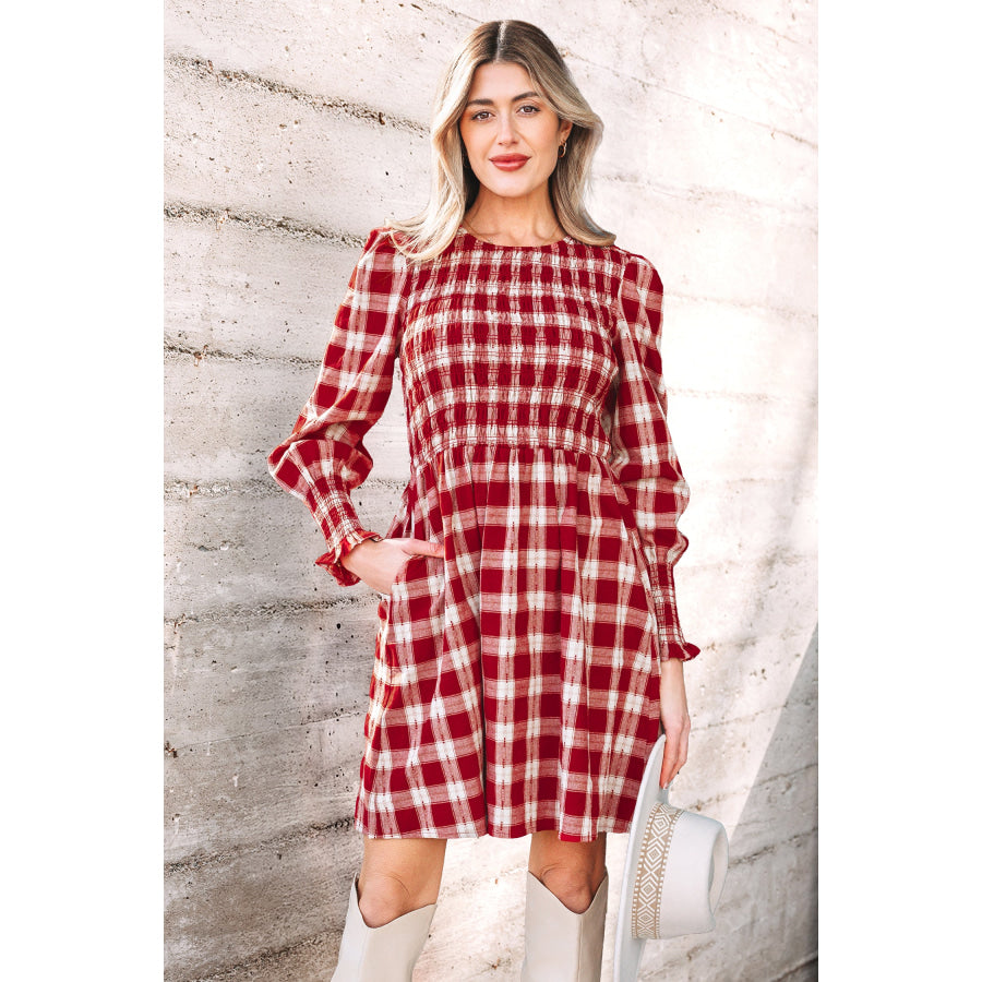 Red Plaid Print Smocked Puff Sleeve Mini Dress Dresses/Mini Dresses