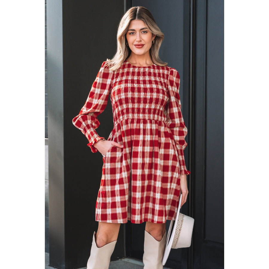 Red Plaid Print Smocked Puff Sleeve Mini Dress Red / S / 100% Cotton Dresses/Mini Dresses