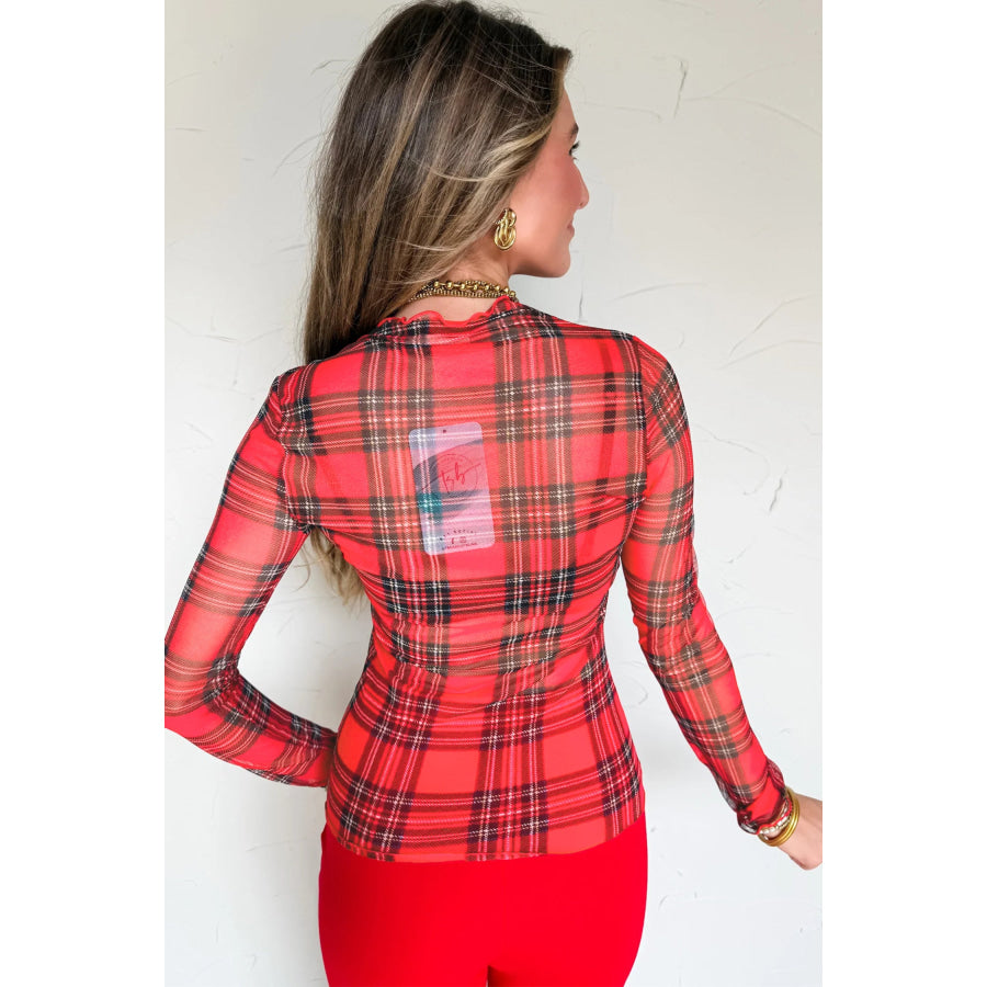 Red Plaid Round Neck Long Sleeve Pullover Top Tops/Long Sleeve Tops