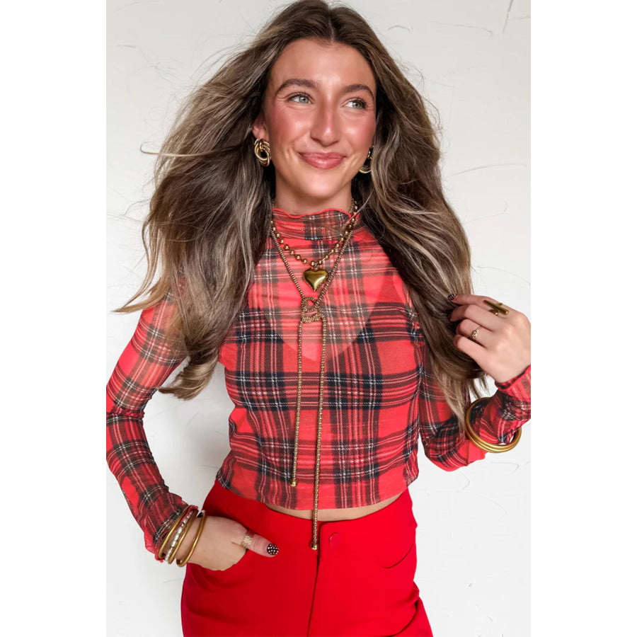 Red Plaid Round Neck Long Sleeve Pullover Top Tops/Long Sleeve Tops