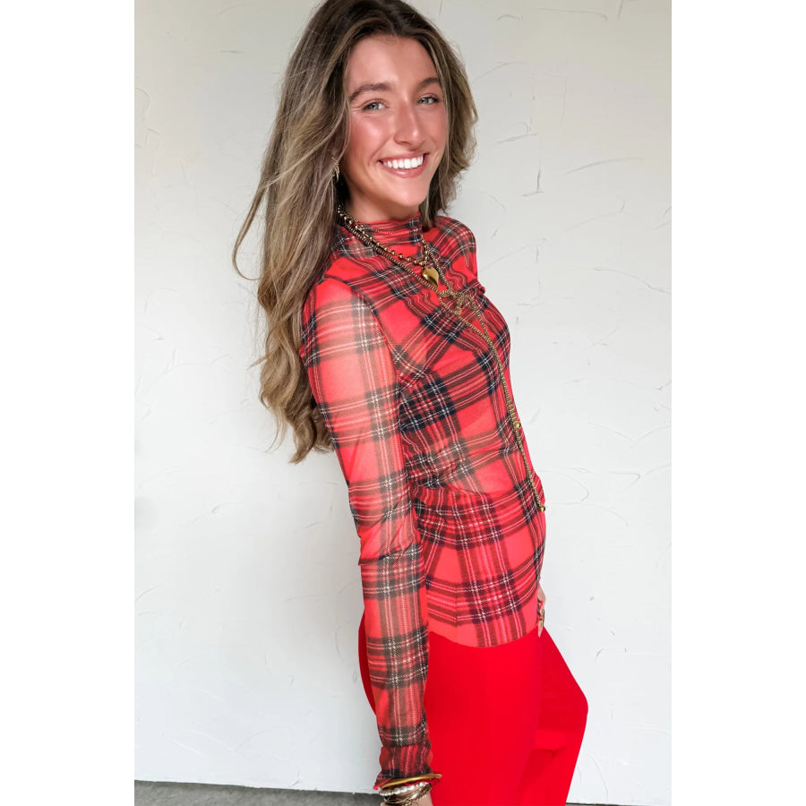 Red Plaid Round Neck Long Sleeve Pullover Top Tops/Long Sleeve Tops