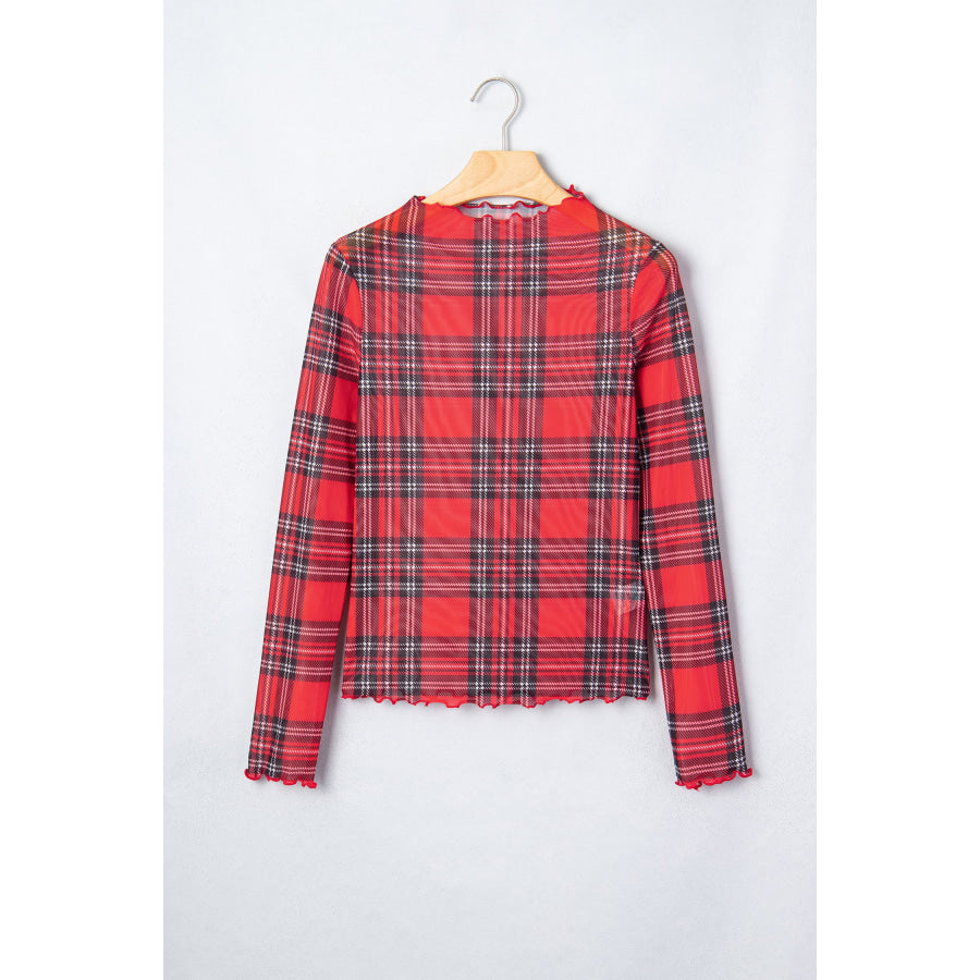 Red Plaid Round Neck Long Sleeve Pullover Top Tops/Long Sleeve Tops