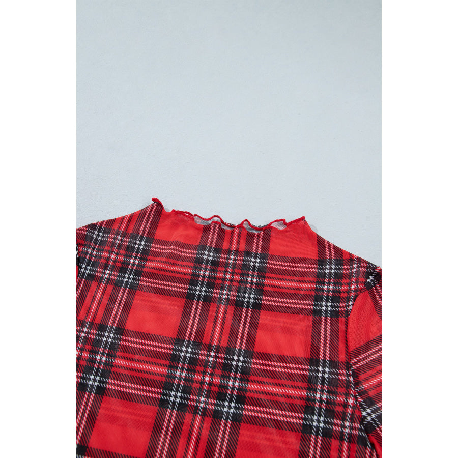 Red Plaid Round Neck Long Sleeve Pullover Top Tops/Long Sleeve Tops
