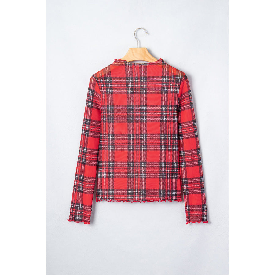 Red Plaid Round Neck Long Sleeve Pullover Top Tops/Long Sleeve Tops