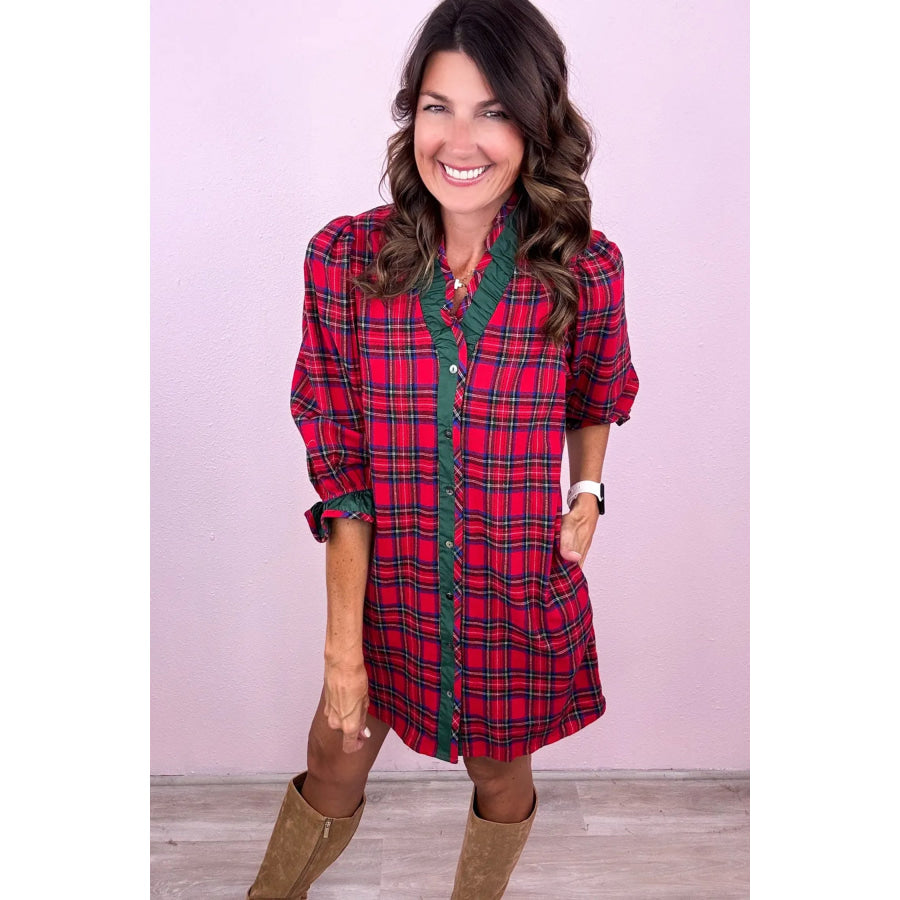 Red Plaid Ruffle Cuff Button Front Pocket Mini Dress Dresses/Mini Dresses