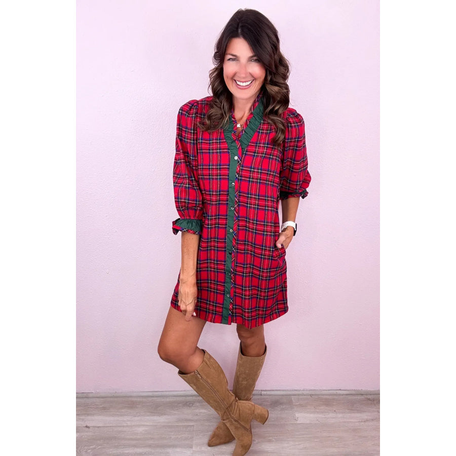 Red Plaid Ruffle Cuff Button Front Pocket Mini Dress Dresses/Mini Dresses