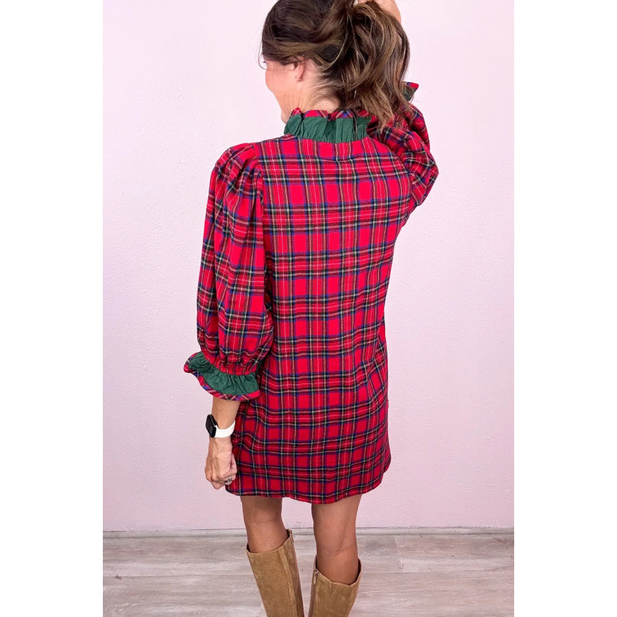 Red Plaid Ruffle Cuff Button Front Pocket Mini Dress Dresses/Mini Dresses