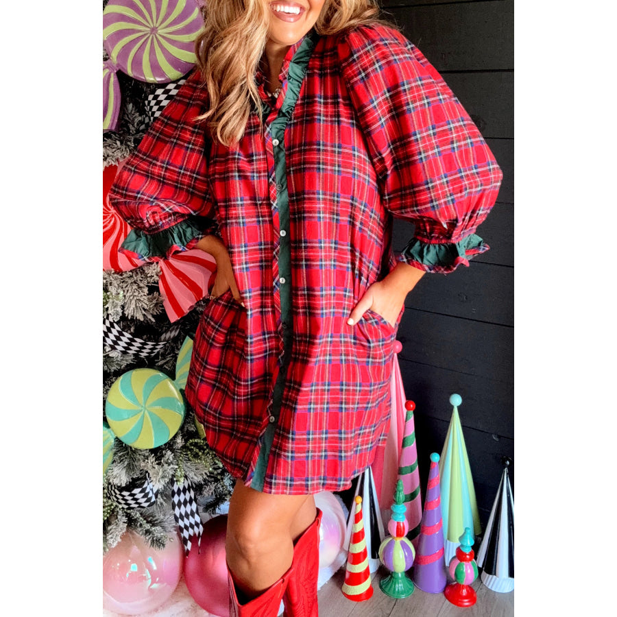 Red Plaid Ruffle Cuff Button Front Pocket Mini Dress Dresses/Mini Dresses
