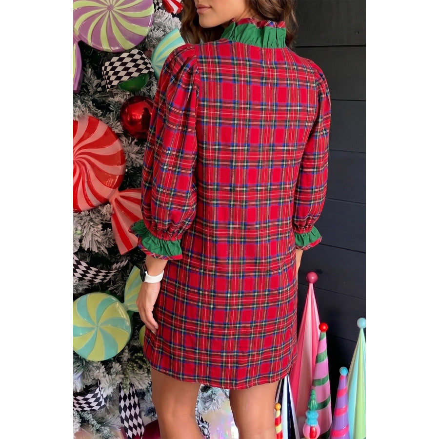 Red Plaid Ruffle Cuff Button Front Pocket Mini Dress Red / S / 75% Polyester + 25% Cotton Dresses/Mini Dresses