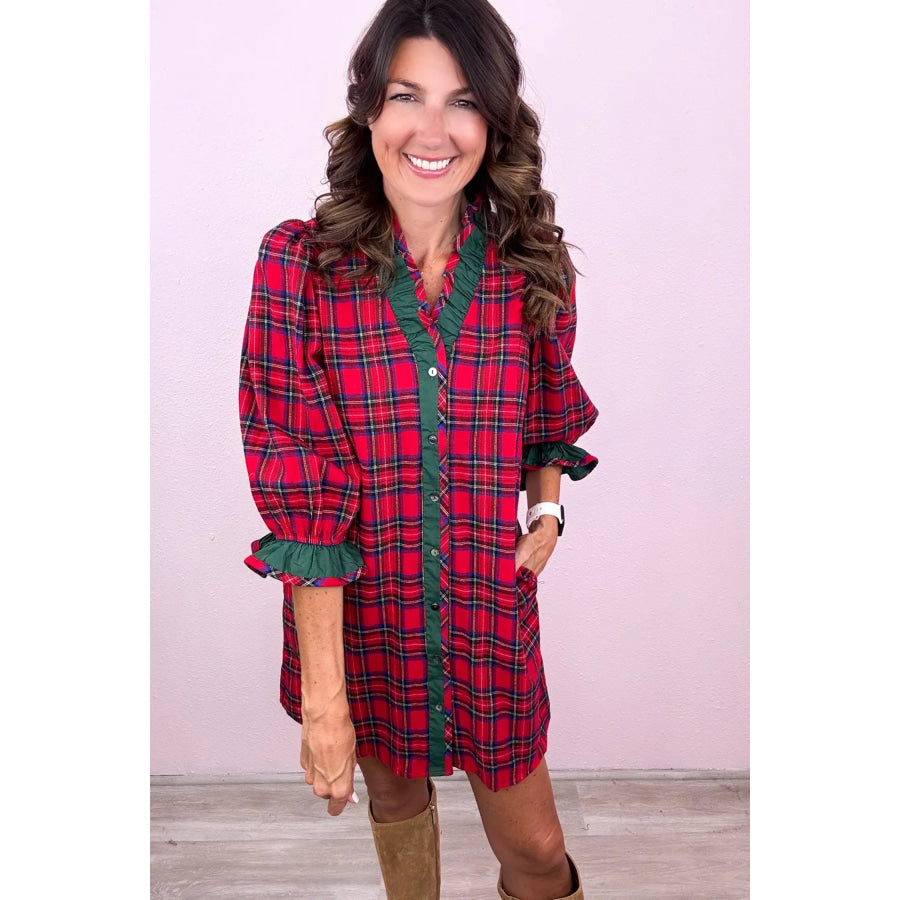 Red Plaid Ruffle Cuff Button Front Pocket Mini Dress Dresses/Mini Dresses