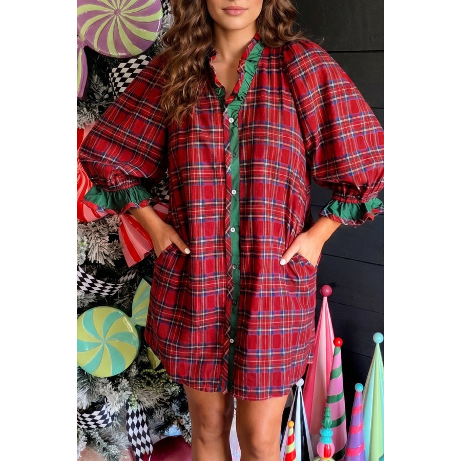 Red Plaid Ruffle Cuff Button Front Pocket Mini Dress Red / S / 75% Polyester + 25% Cotton Dresses/Mini Dresses