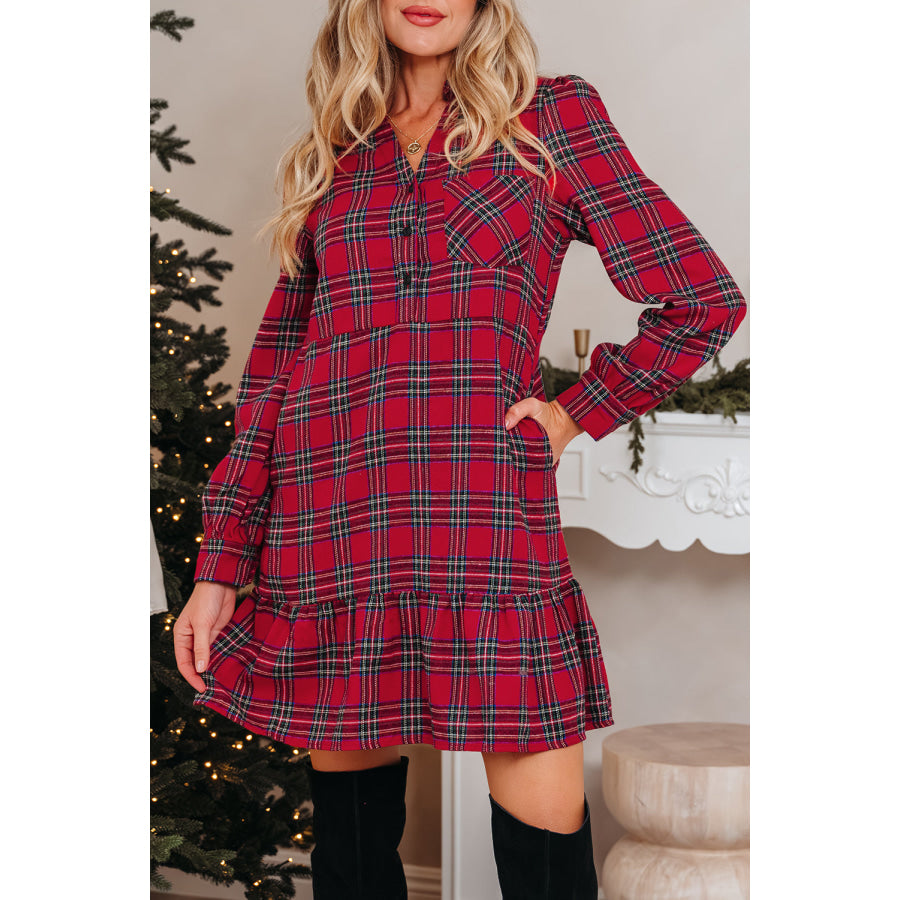 Red Plaid Shirt Collar Half Button Ruffle Hem Long Sleeve Mini Dress Dresses/Mini Dresses