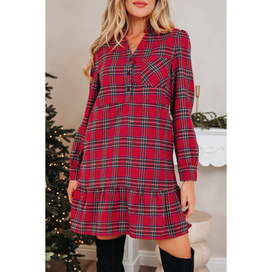 Red Plaid Shirt Collar Half Button Ruffle Hem Long Sleeve Mini Dress Dresses/Mini Dresses