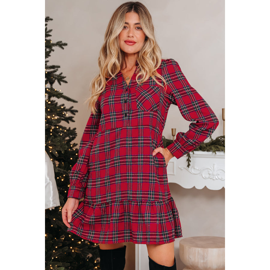 Red Plaid Shirt Collar Half Button Ruffle Hem Long Sleeve Mini Dress Red / S / 59% Polyester + 41% Cotton Dresses/Mini Dresses
