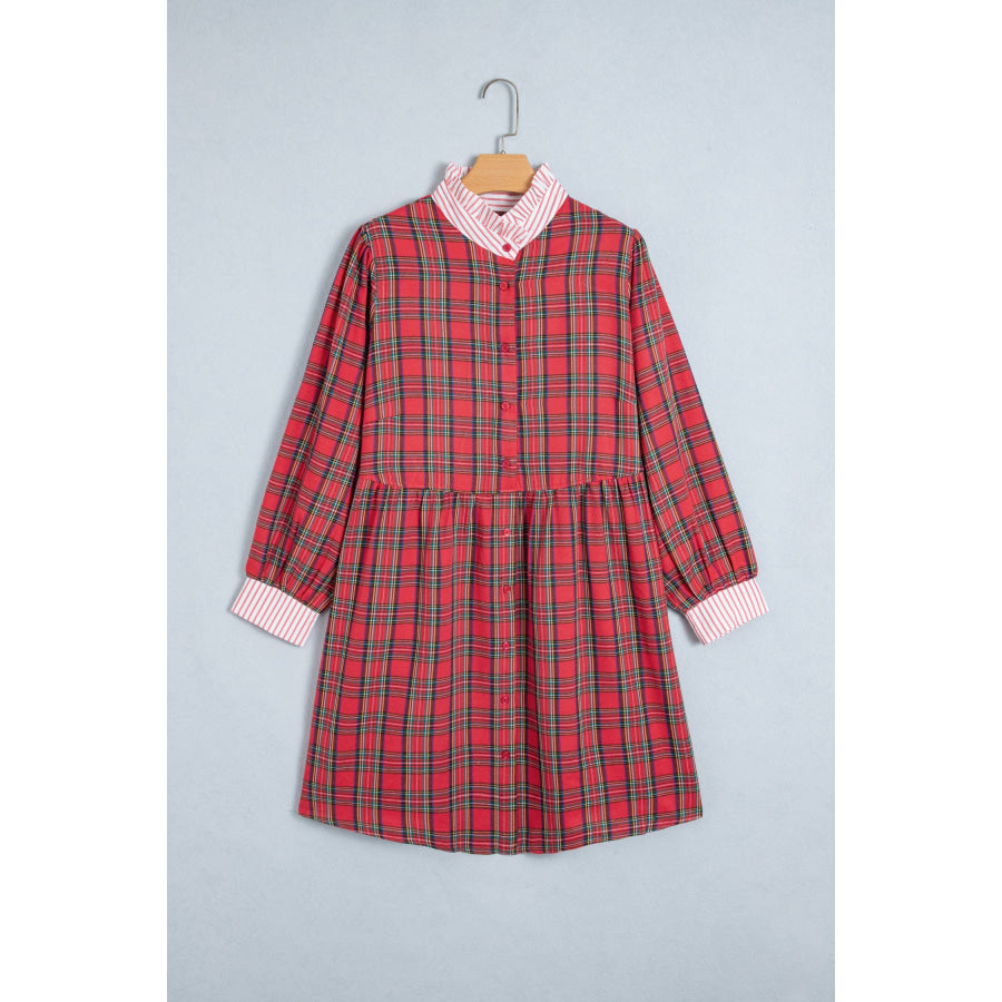 Red Plaid Striped V Neck Collar Cuff Details Shift Plus Size Dress Size/Plus Dresses/Plus Mini Dresses