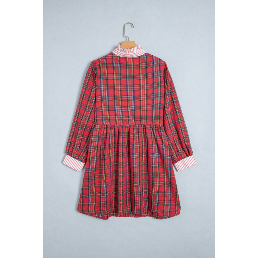 Red Plaid Striped V Neck Collar Cuff Details Shift Plus Size Dress Size/Plus Dresses/Plus Mini Dresses