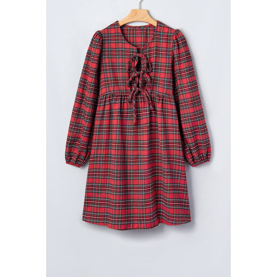 Red Plaid Tie Front Long Sleeve Short Shift Dress Dresses/Mini Dresses