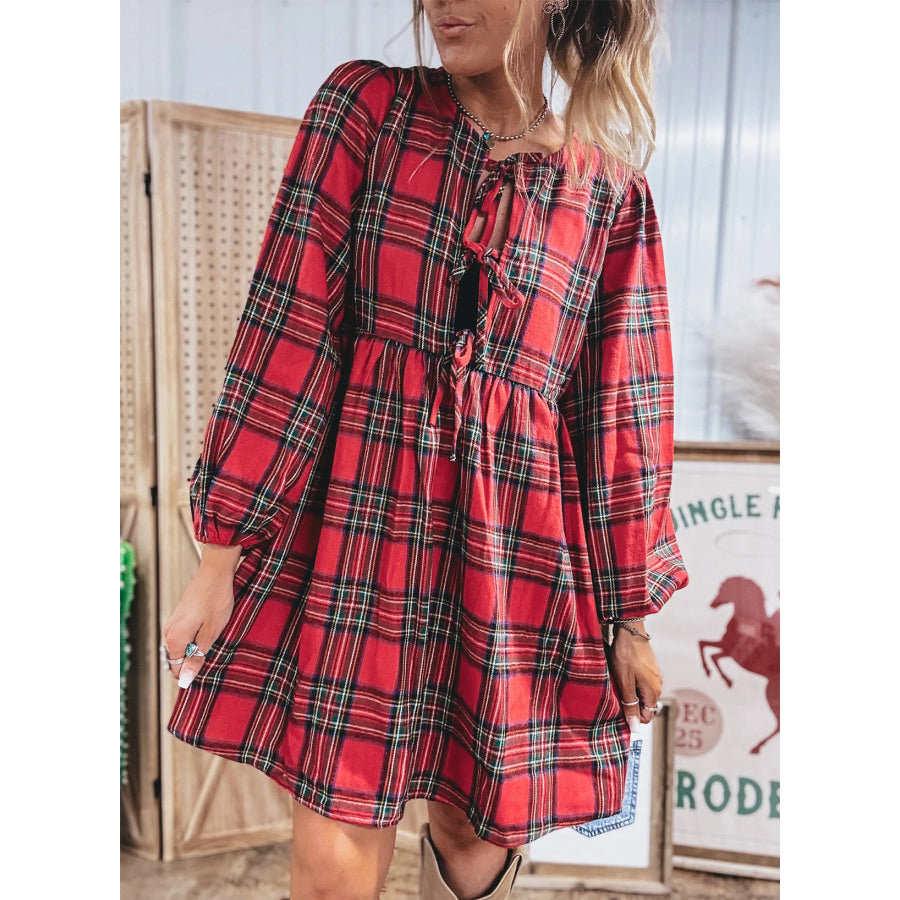 Red Plaid Tie Front Long Sleeve Short Shift Dress Dresses/Mini Dresses