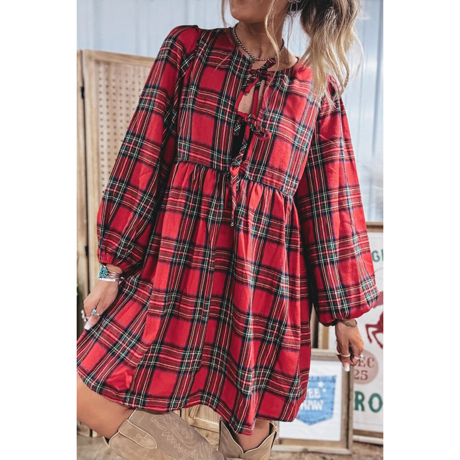 Red Plaid Tie Front Long Sleeve Short Shift Dress Dresses/Mini Dresses