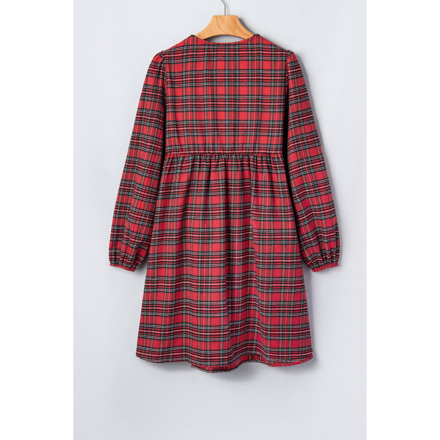 Red Plaid Tie Front Long Sleeve Short Shift Dress Dresses/Mini Dresses