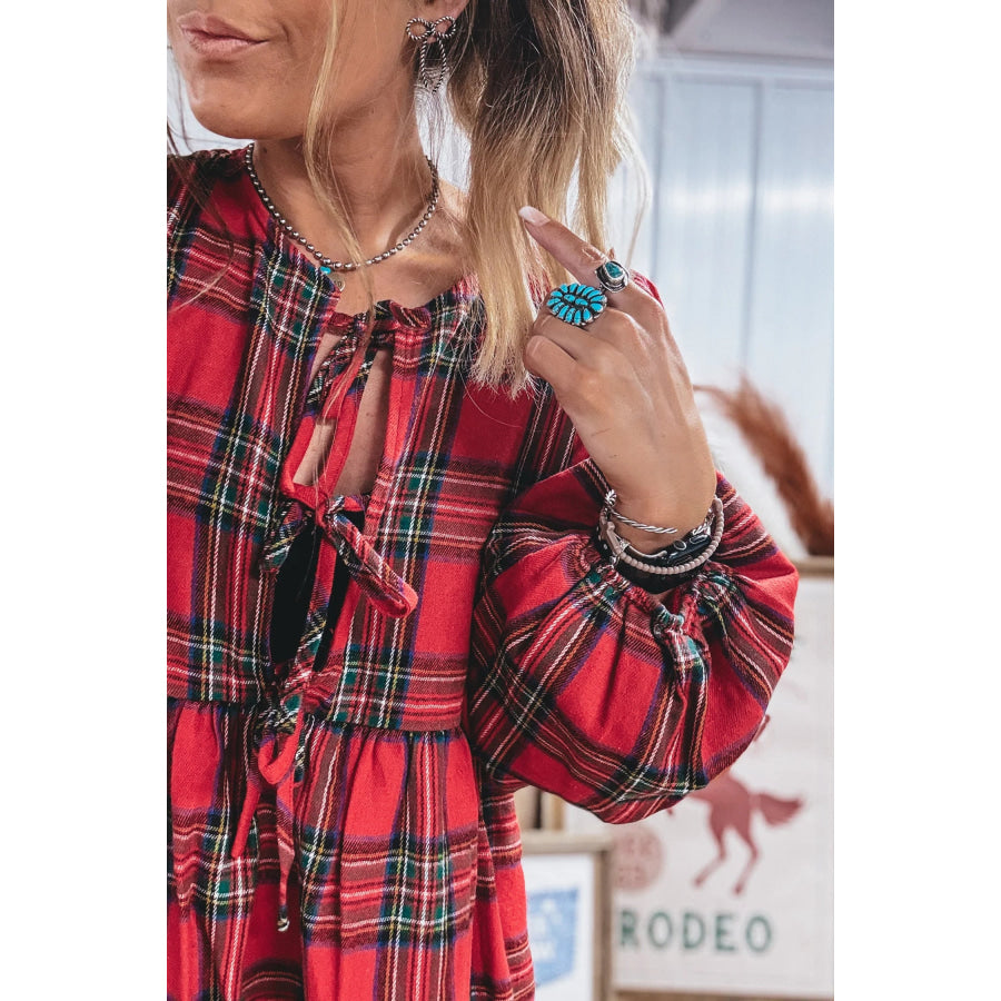 Red Plaid Tie Front Long Sleeve Short Shift Dress Dresses/Mini Dresses
