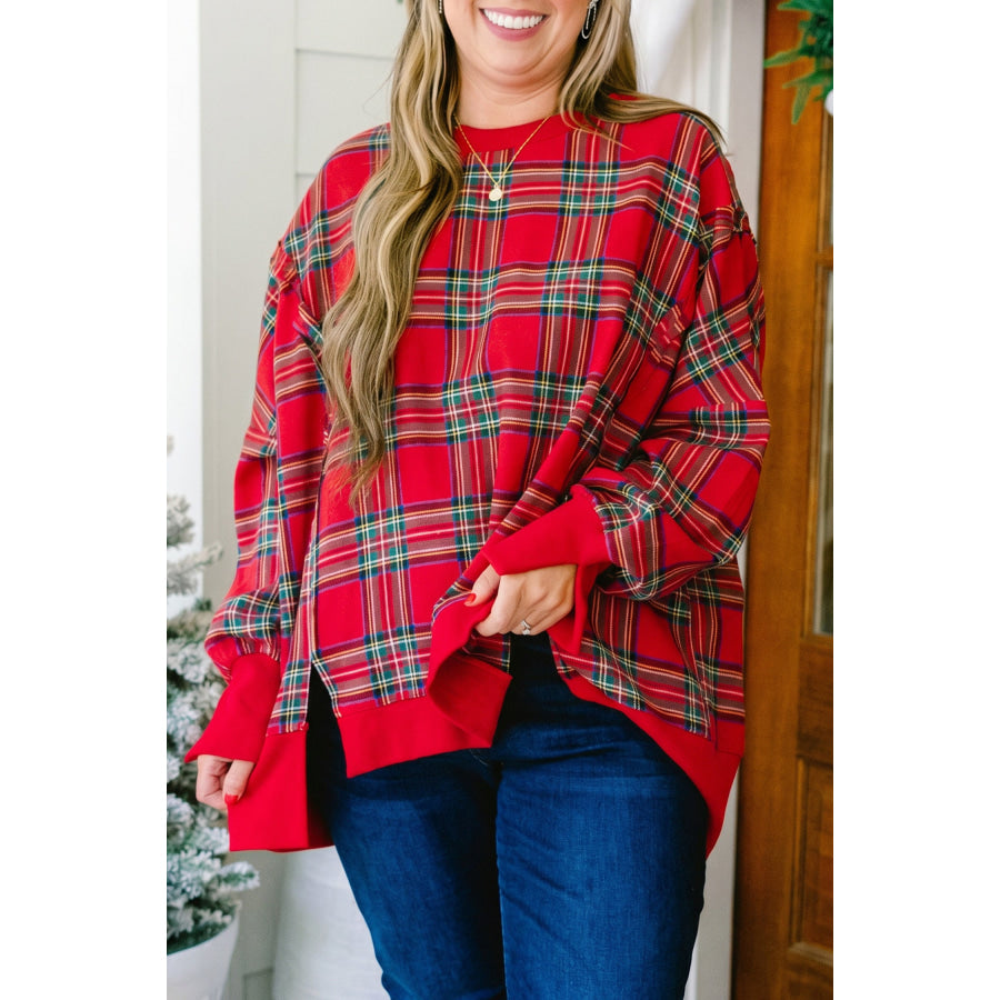 Red Plus Size Festive Plaid Long Sleeve Split Tunic Sweatshirt / 1X / 100% Polyester Size/Plus Sweatshirts & Hoodies