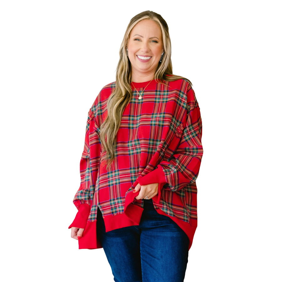 Red Plus Size Festive Plaid Long Sleeve Split Tunic Sweatshirt Size/Plus Sweatshirts & Hoodies