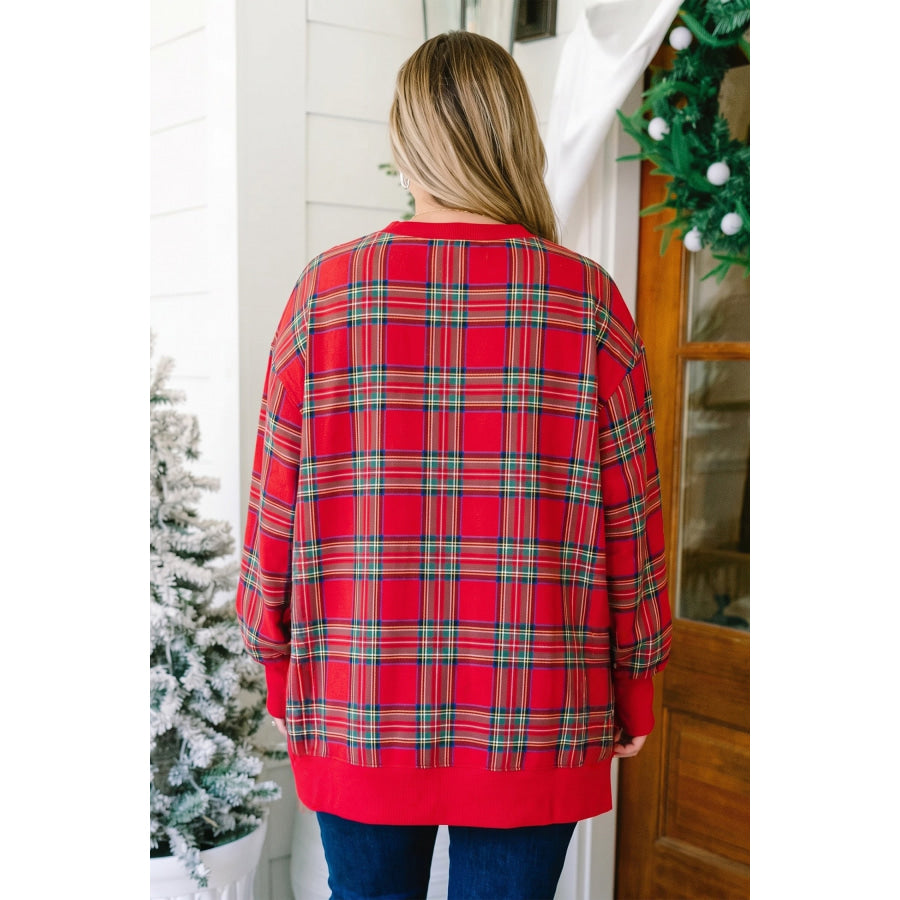 Red Plus Size Festive Plaid Long Sleeve Split Tunic Sweatshirt Size/Plus Sweatshirts & Hoodies