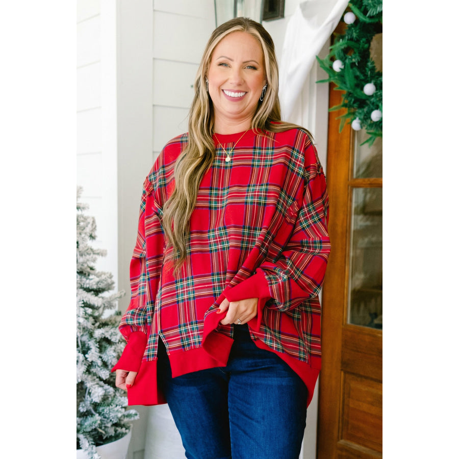 Red Plus Size Festive Plaid Long Sleeve Split Tunic Sweatshirt Size/Plus Sweatshirts & Hoodies