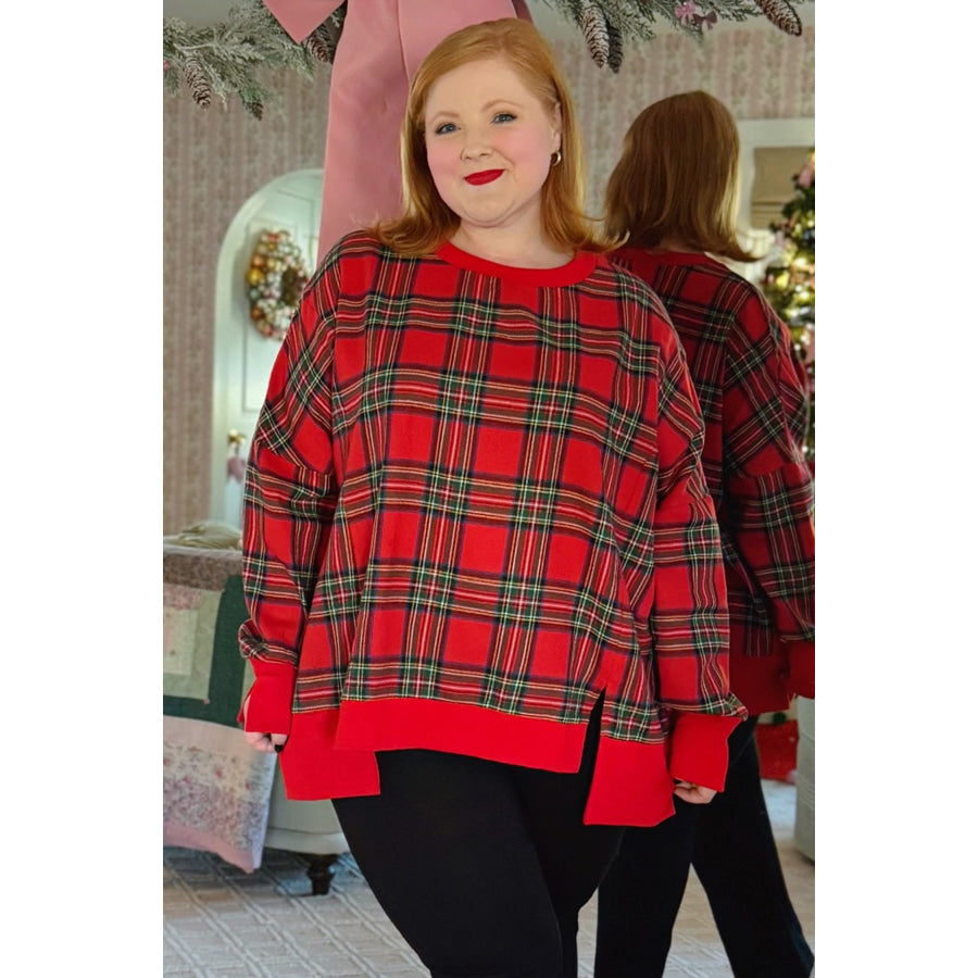 Red Plus Size Festive Plaid Long Sleeve Split Tunic Sweatshirt Size/Plus Sweatshirts & Hoodies