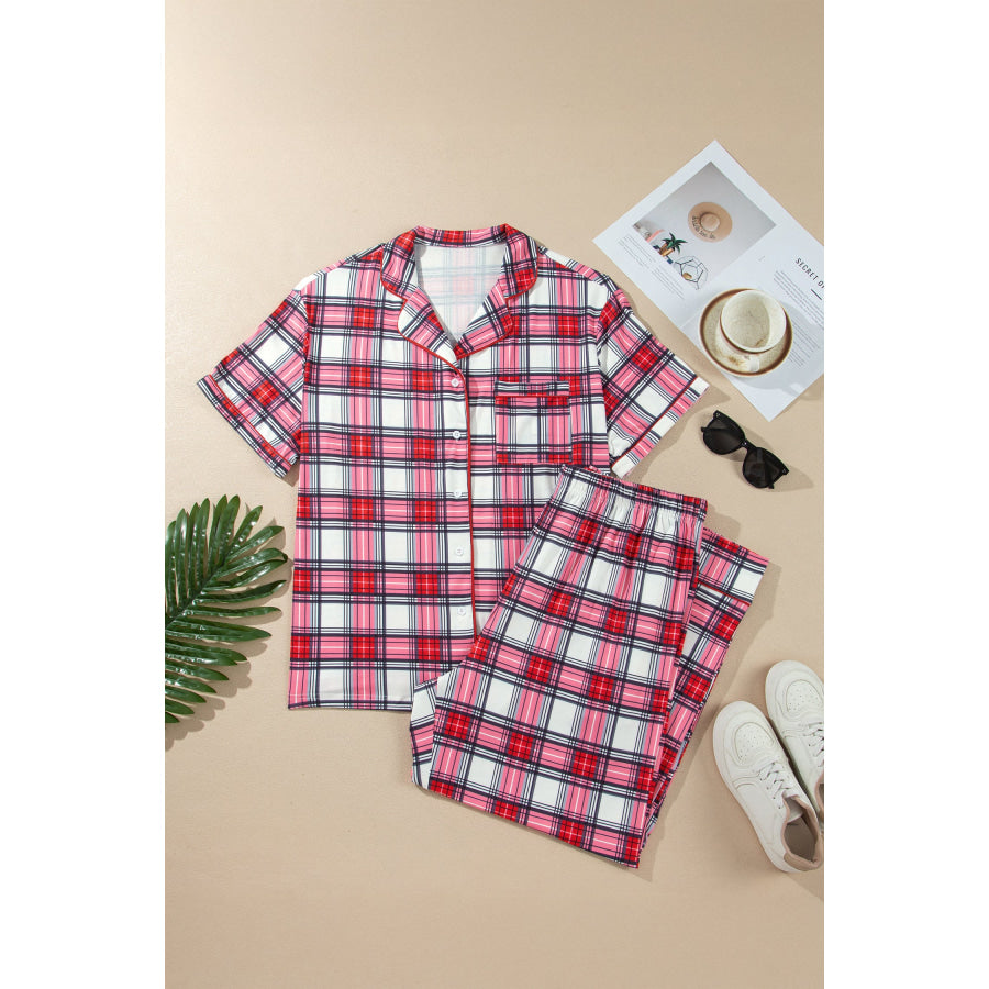 Red Plus Size Short Sleeve Button Down Plaid Pajama 2pcs Pant Set Size/Plus Loungewear