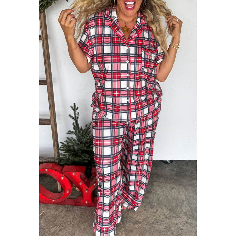 Red Plus Size Short Sleeve Button Down Plaid Pajama 2pcs Pant Set Size/Plus Loungewear