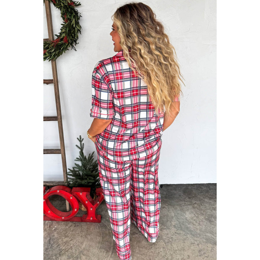 Red Plus Size Short Sleeve Button Down Plaid Pajama 2pcs Pant Set Size/Plus Loungewear