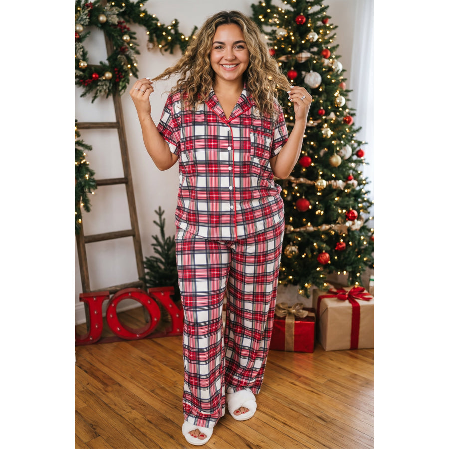 Red Plus Size Short Sleeve Button Down Plaid Pajama 2pcs Pant Set Size/Plus Loungewear