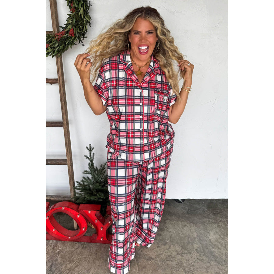 Red Plus Size Short Sleeve Button Down Plaid Pajama 2pcs Pant Set Size/Plus Loungewear