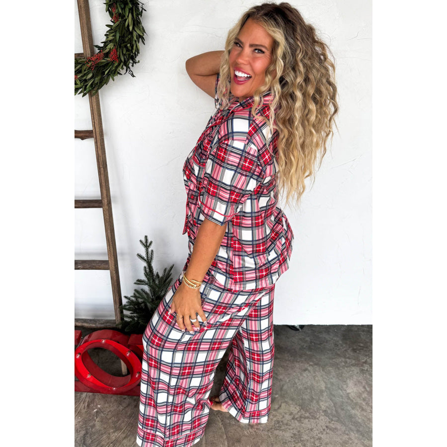 Red Plus Size Short Sleeve Button Down Plaid Pajama 2pcs Pant Set Size/Plus Loungewear