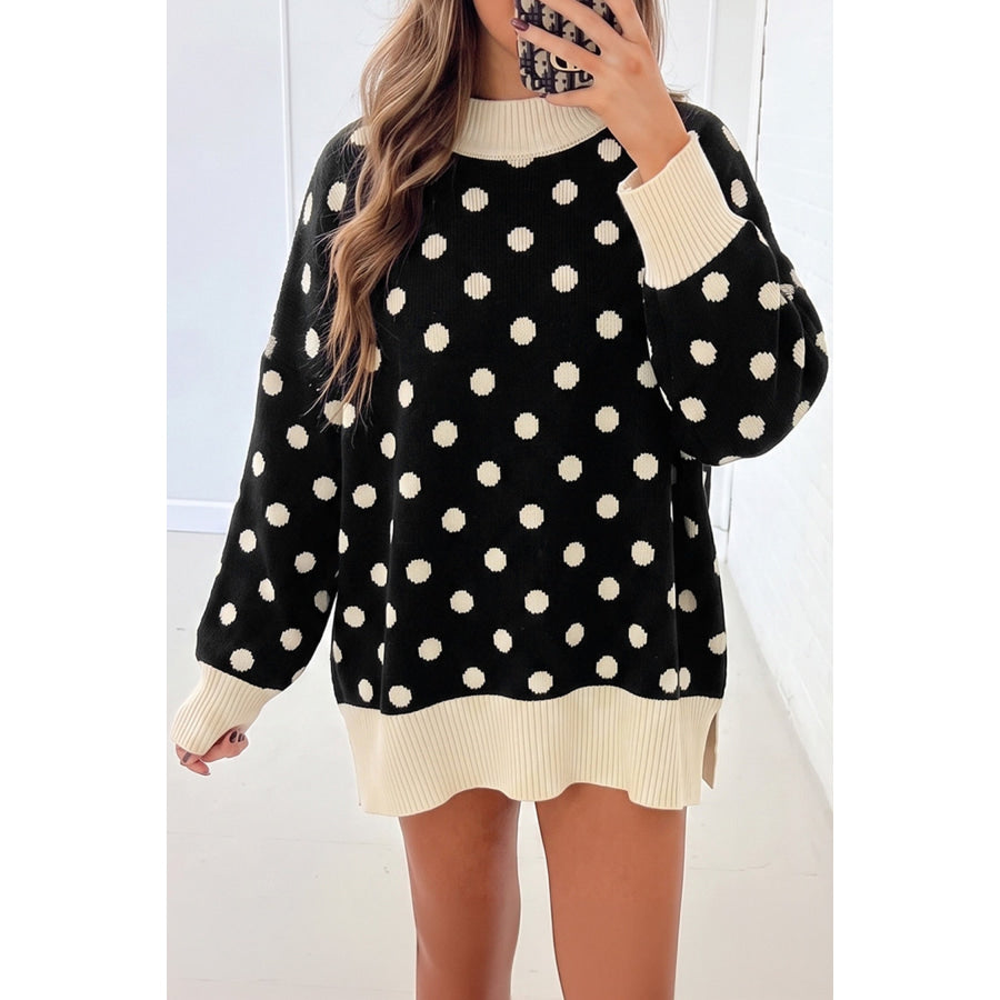 Red Polka Dot Pattern Ribbed Colorblock Trim Split Tunic Sweater Black / S / 52% Viscose + 26% Polyester + 22% Polyamide Sweaters &