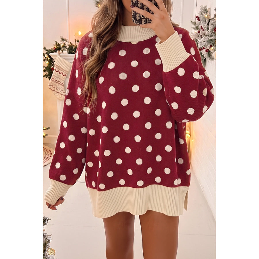Red Polka Dot Pattern Ribbed Colorblock Trim Split Tunic Sweater / S / 52% Viscose + 26% Polyester + 22% Polyamide Sweaters &