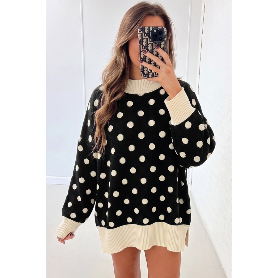Red Polka Dot Pattern Ribbed Colorblock Trim Split Tunic Sweater Sweaters & Cardigans/Sweaters