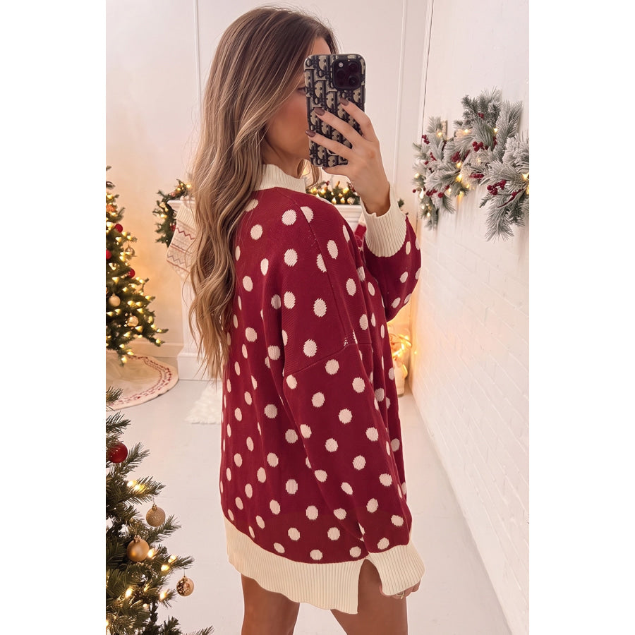 Red Polka Dot Pattern Ribbed Colorblock Trim Split Tunic Sweater / S / 52% Viscose + 26% Polyester + 22% Polyamide Sweaters &