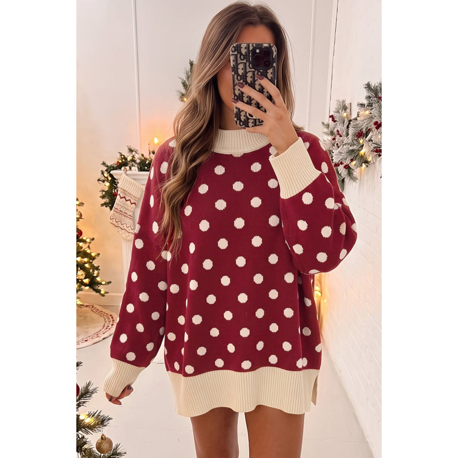 Red Polka Dot Pattern Ribbed Colorblock Trim Split Tunic Sweater Sweaters & Cardigans/Sweaters