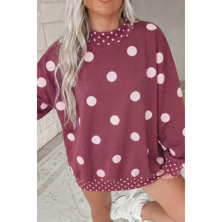 Red Polka Dot Print Contrast Detail Oversized Tunic Sweatshirt Red / S Tops/Sweatshirts & Hoodies