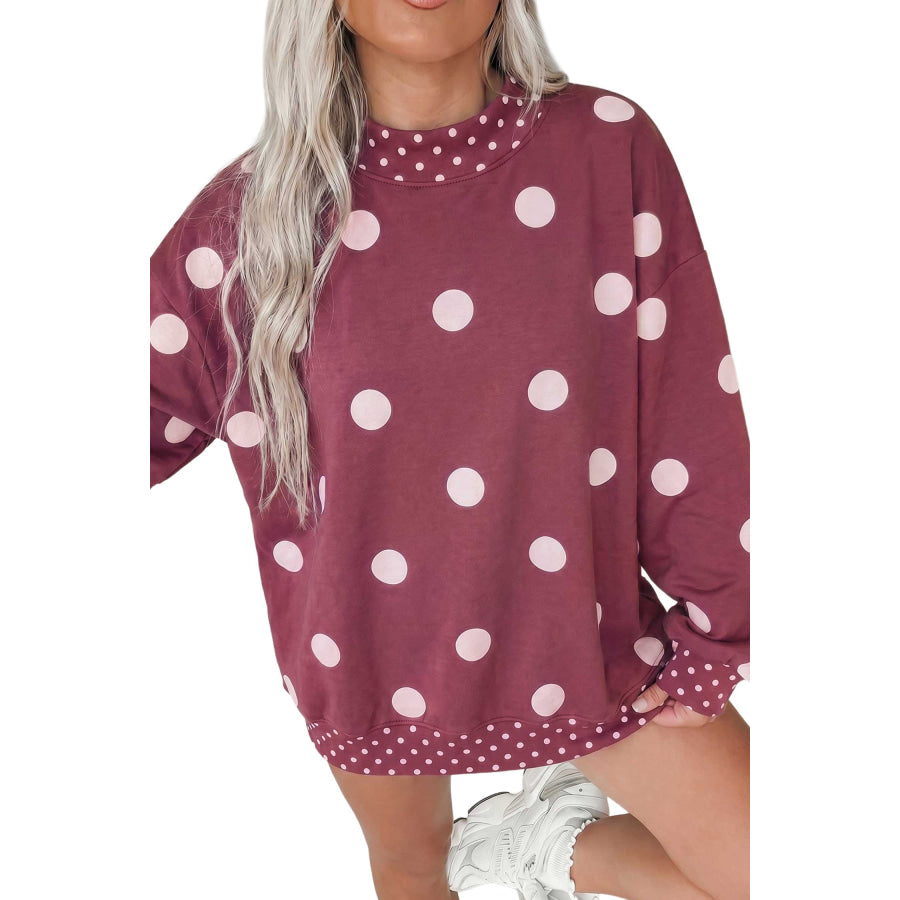 Red Polka Dot Print Contrast Detail Oversized Tunic Sweatshirt Tops/Sweatshirts & Hoodies