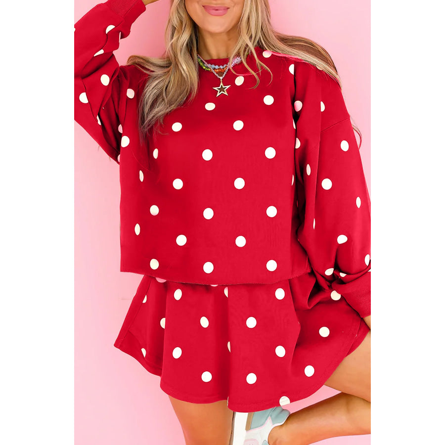 Red Polka Dot Raw Hem Relaxed Pullover Loose Skort Two Piece Set / S / 100% Polyester Sets/Two Dresses