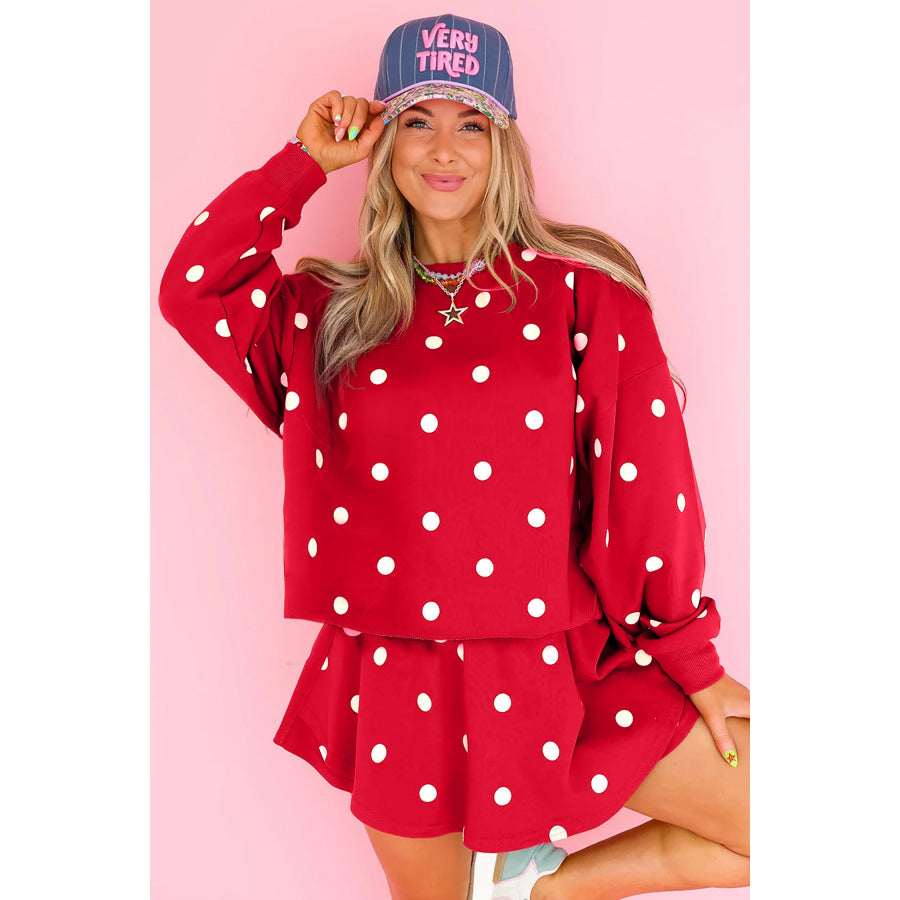 Red Polka Dot Raw Hem Relaxed Pullover Loose Skort Two Piece Set Sets/Two Dresses