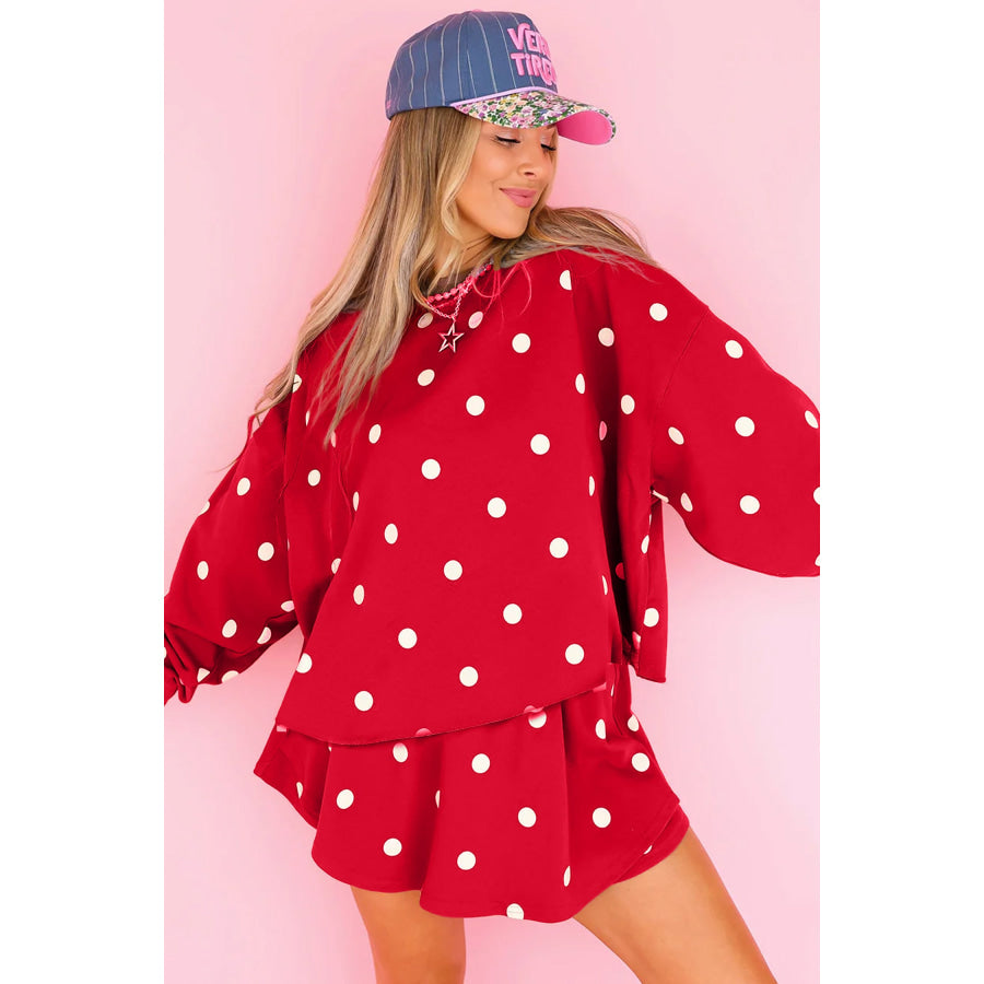 Red Polka Dot Raw Hem Relaxed Pullover Loose Skort Two Piece Set Sets/Two Dresses