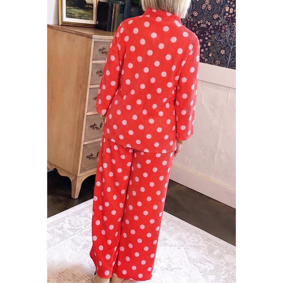Red Polka Dot Ribbed Knit Mock Neck Pullover Two Piece Pants Set Sets/Pant Sets